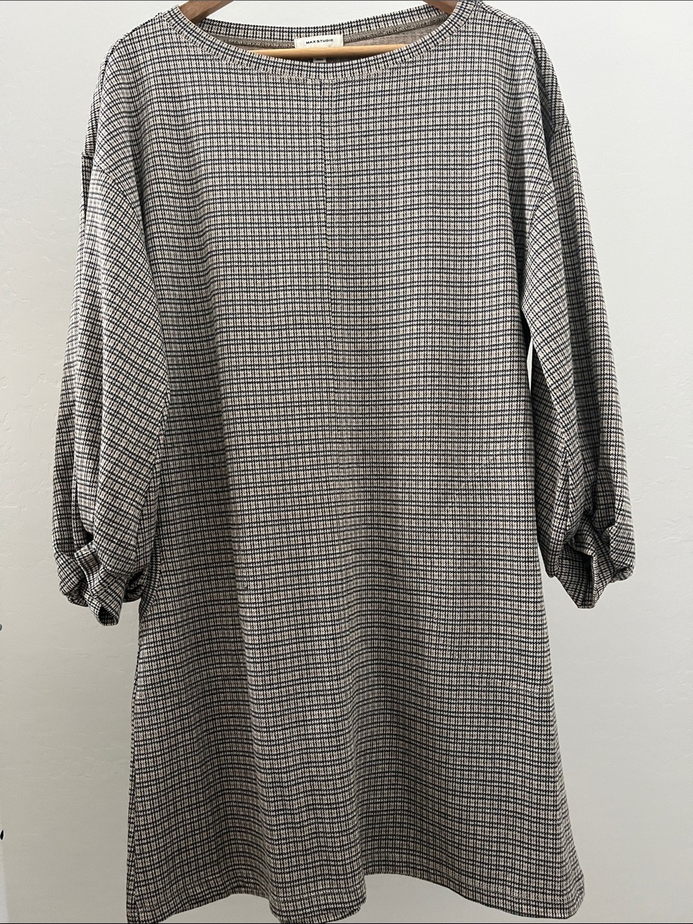 Max Studio Checked Balloon Sleeve Shift Dress - Gray/Tan Size Medium